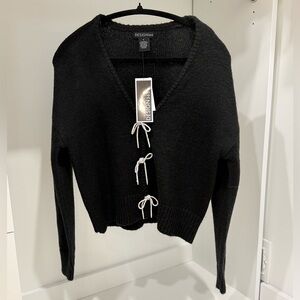 NWT! Design365 Black Women's Cardigan Sweater Sparkling Silver Bow Accents NWT!